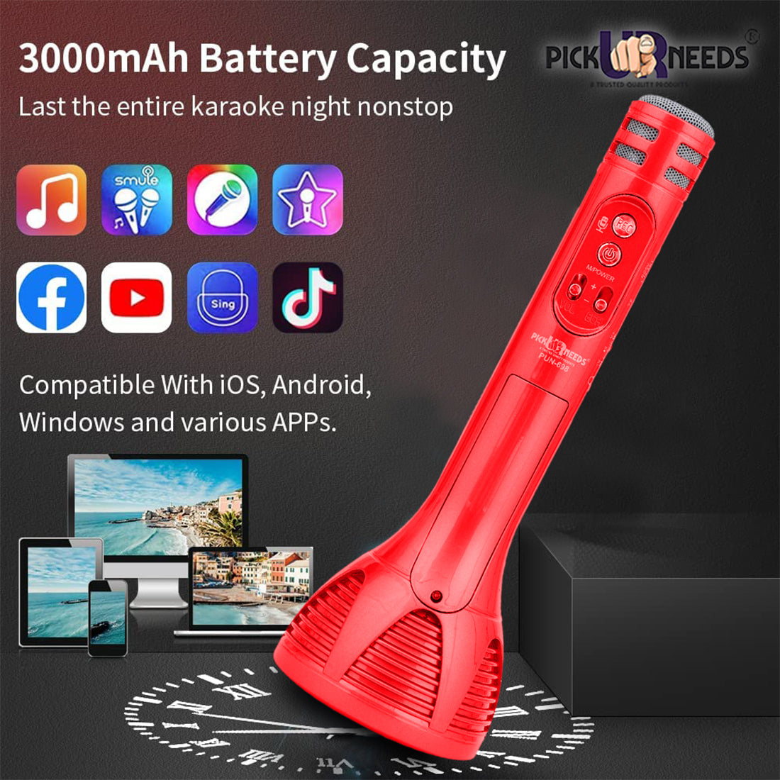 Pick Ur Needs Karaoke Mic with Led Light Wireless Bluetooth Microphone Connection Player Speaker 2-in1 with Recording + USB+FM